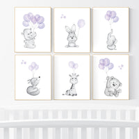 Nursery prints animals with balloons, animal balloon print,  nursery decor girl, elephant, bunny, giraffe, nursery wall art girl, purple