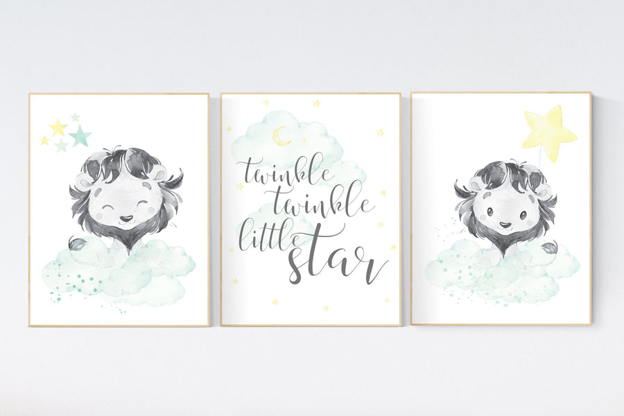 Lion nursery wall art, Nursery prints boy, mint yellow nursery art, boy nursery ideas, boy nursery decor, safari animals, animal prints