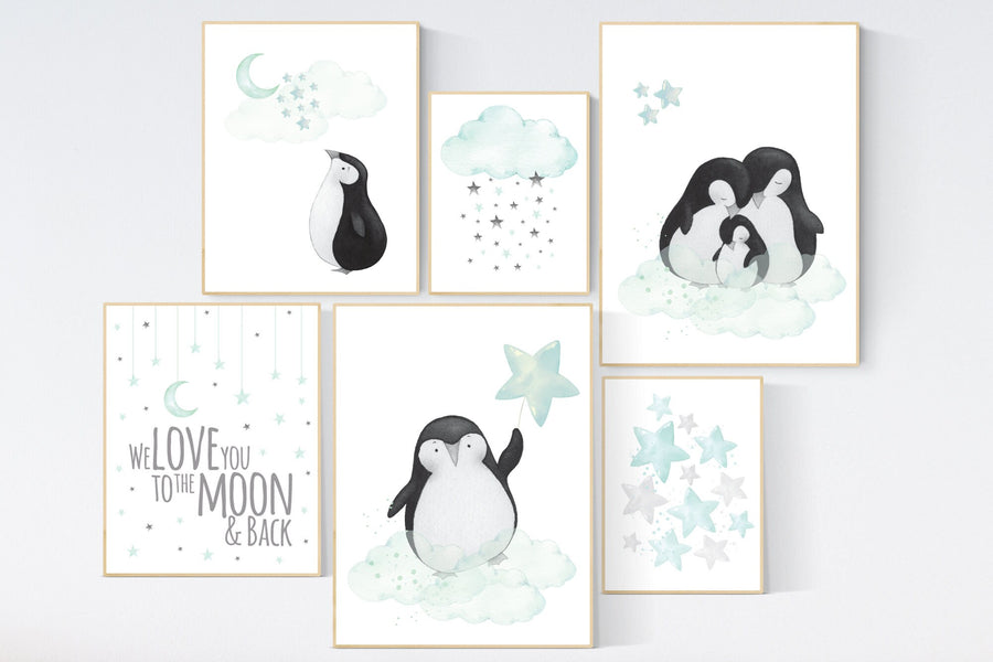 Nursery decor mint, mint green nursery, penguins, penguin, gender neutral nursery, mint green nursery wall decor, animal prints, wall decor