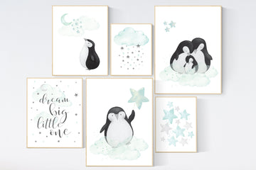Nursery decor mint, mint green nursery, penguins, penguin, gender neutral nursery, mint green nursery wall decor, animal prints, wall decor