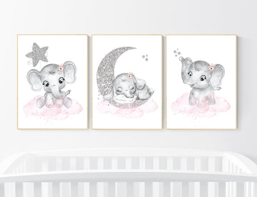 Girl nursery decor, pink and silver, elephant nursery prints, nursery wall art girl, baby girl elephant nursery decor, girl nursery wall art