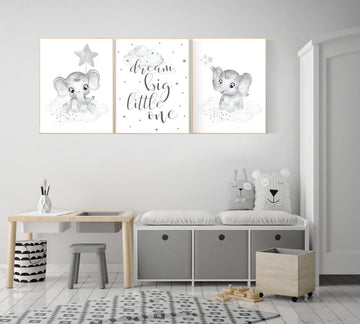 Grey nursery wall art, elephant nursery wall art, gender neutral, gray nursery art, nursery wall decor, moon, stars, neutral, twin nursery