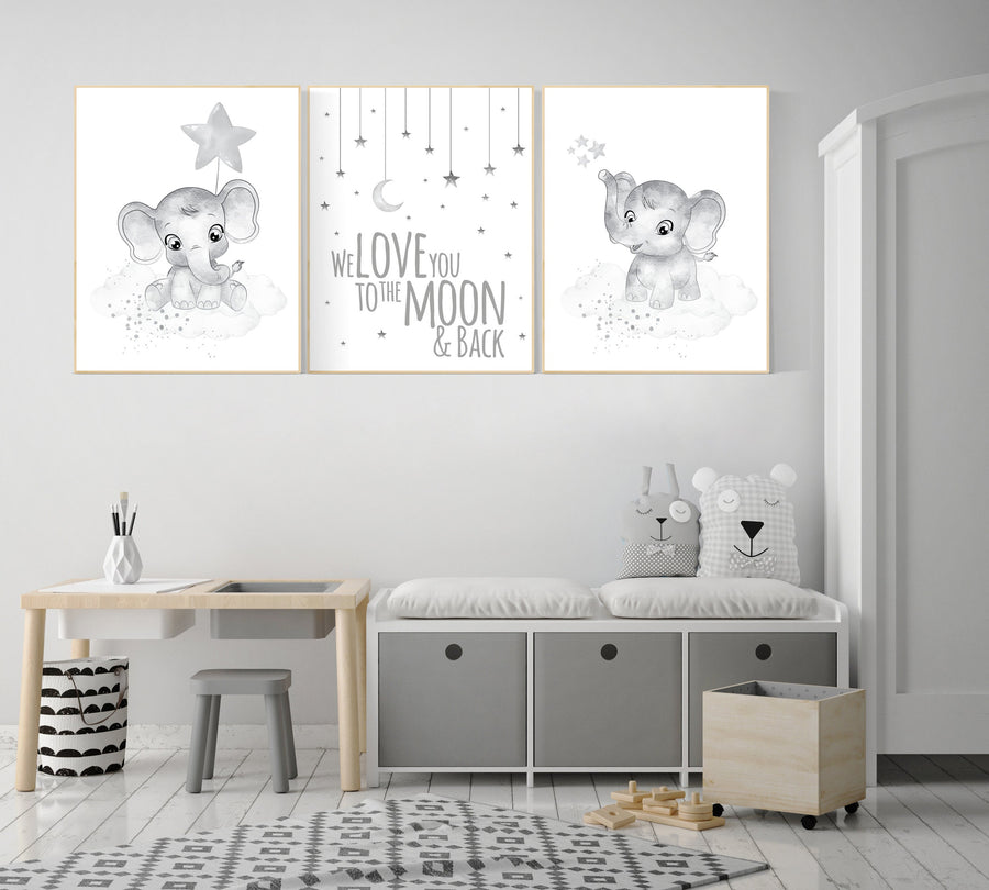 Grey nursery wall art, elephant nursery wall art, gender neutral, gray nursery art, nursery wall decor, moon, stars, neutral, twin nursery