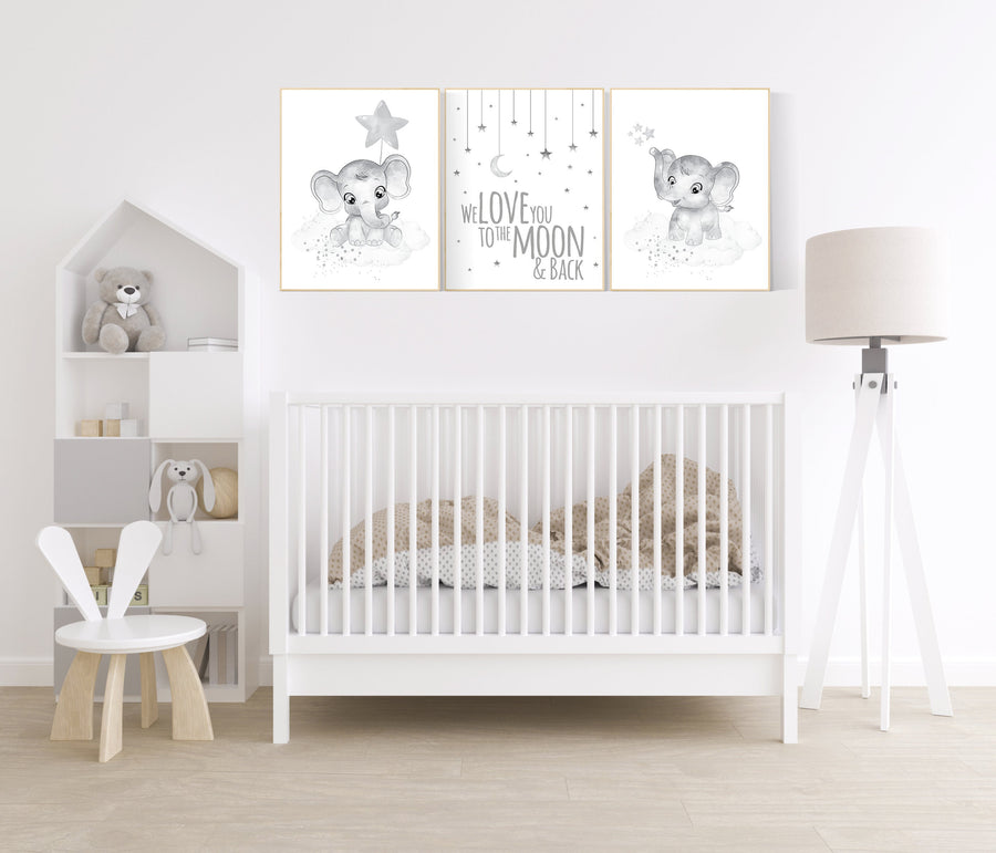Grey nursery wall art, elephant nursery wall art, gender neutral, gray nursery art, nursery wall decor, moon, stars, neutral, twin nursery
