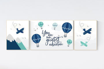 Nursery decor boy mountains, nursery decor boy airplane, world map, adventure awaits, navy green, adventure nursery prints, hot air balloon