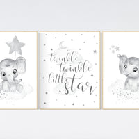 Gender neutral nursery, Grey nursery wall art, elephant nursery wall art, gray nursery art, nursery wall decor, moon, stars, neutral, twin