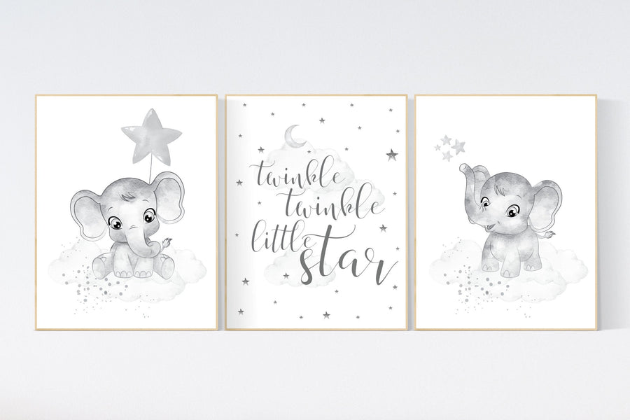 Gender neutral nursery, Grey nursery wall art, elephant nursery wall art, gray nursery art, nursery wall decor, moon, stars, neutral, twin