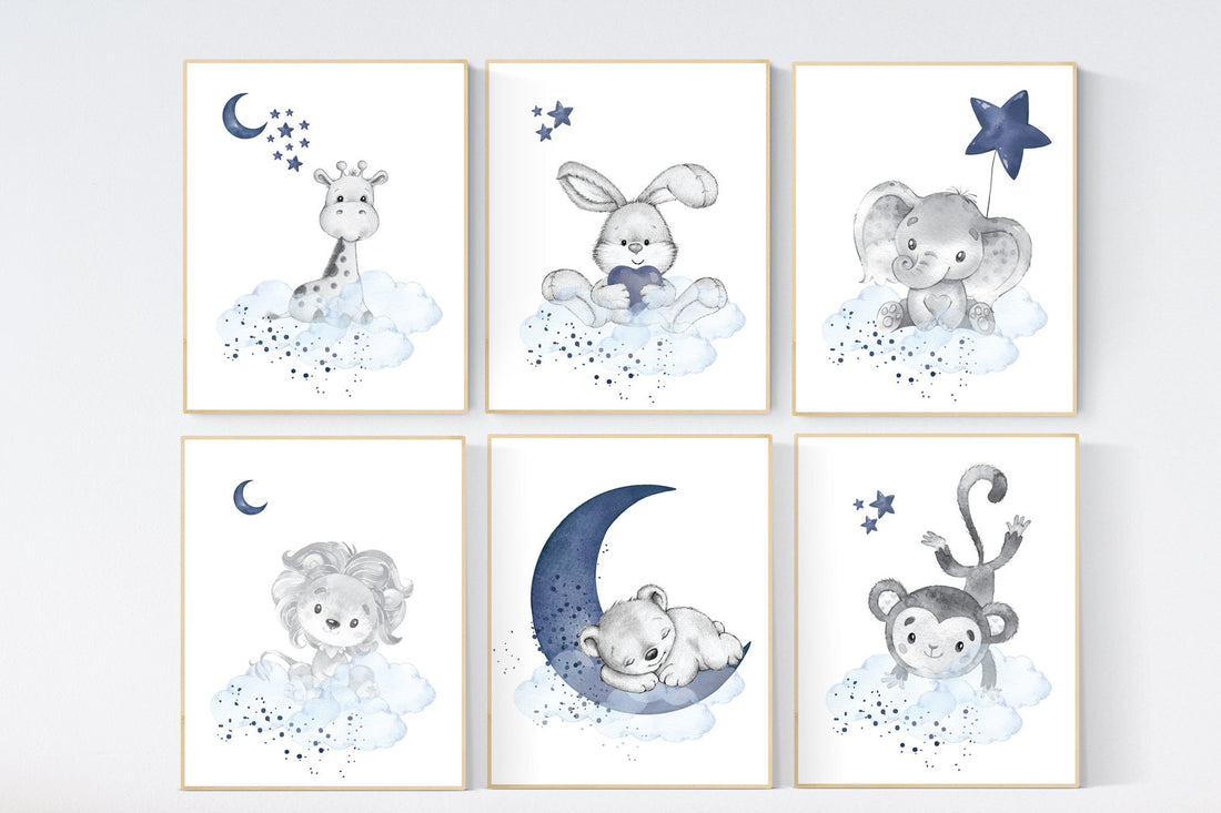 Nursery decor boy animals, nursery wall art boy, navy blue, animal prints for nursery, navy blue nursery wall decor, set of 6 prints