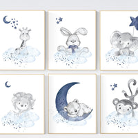 Nursery decor boy animals, nursery wall art boy, navy blue, animal prints for nursery, navy blue nursery wall decor, set of 6 prints