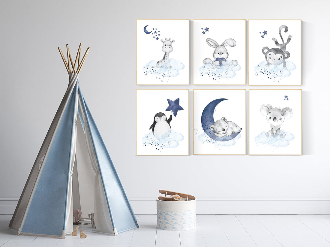 Nursery decor boy animals, nursery wall art boy, navy blue, animal prints for nursery, navy blue nursery wall decor, set of 6 prints