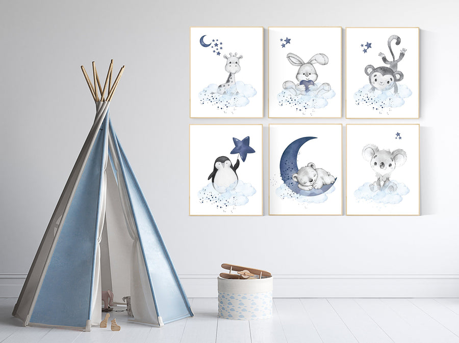 Nursery decor boy animals, nursery wall art boy, navy blue, animal prints for nursery, navy blue nursery wall decor, set of 6 prints