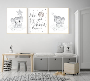 Gender neutral nursery, Grey nursery wall art, elephant nursery wall art, gray nursery art, nursery wall decor, moon, stars, neutral