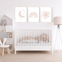 Nursery prints rainbow, Nursery decor girl, nursery wall art, blush pink, moon star, cloud, nursery wall art, light coral, blush, rainbow