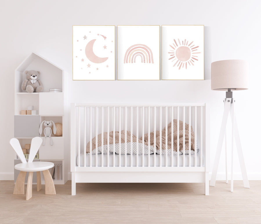 Nursery prints rainbow, Nursery decor girl, nursery wall art, blush pink, moon star, cloud, nursery wall art, light coral, blush, rainbow