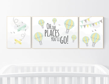 Adventure nursery decor, nursery decor airplane, adventure awaits, yellow mint nursery, travel theme, gender neutral, hot air balloon