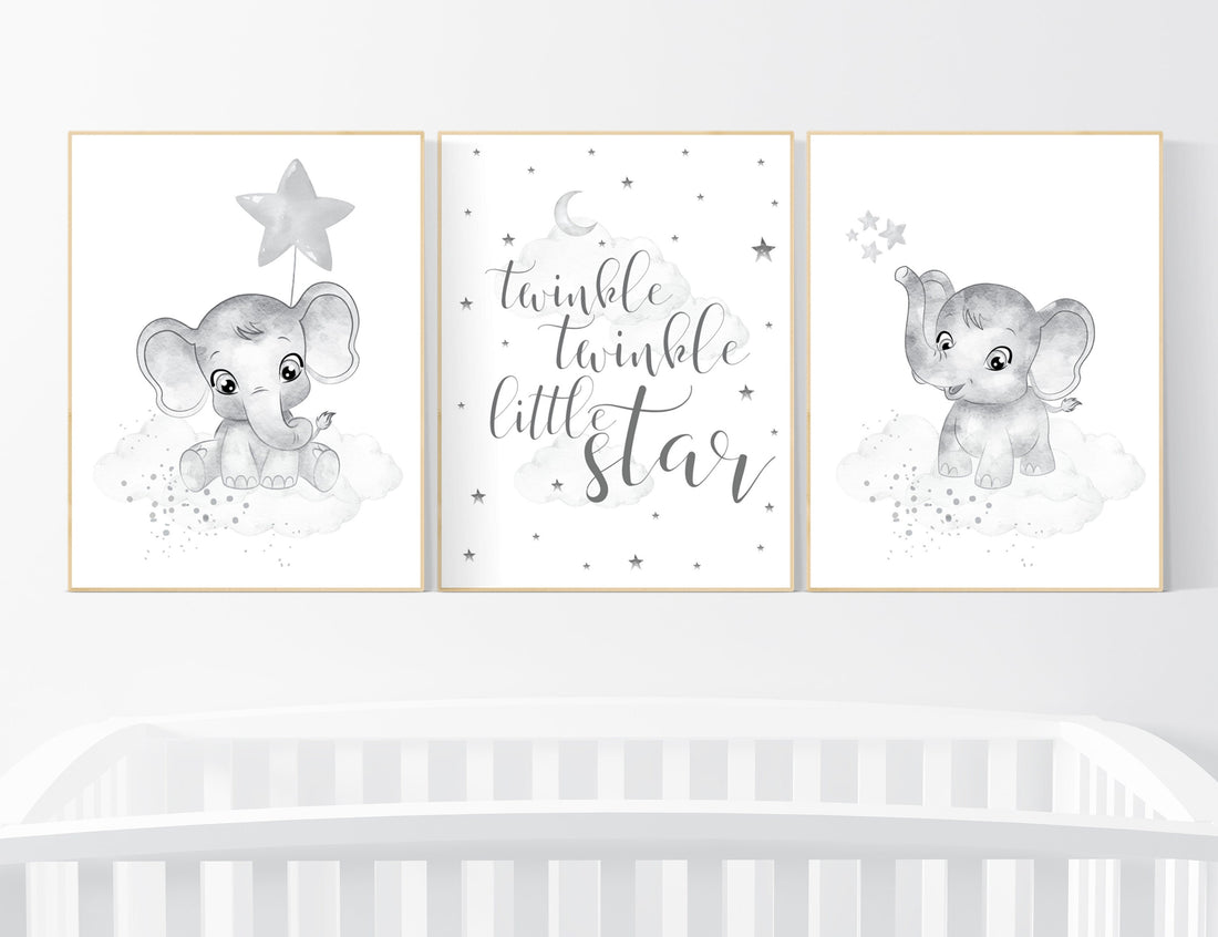 Gender neutral nursery, Grey nursery wall art, elephant nursery wall art, gray nursery art, nursery wall decor, moon, stars, neutral, twin