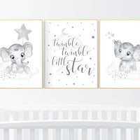 Gender neutral nursery, Grey nursery wall art, elephant nursery wall art, gray nursery art, nursery wall decor, moon, stars, neutral, twin