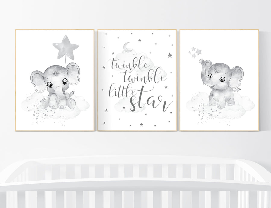 Gender neutral nursery, Grey nursery wall art, elephant nursery wall art, gray nursery art, nursery wall decor, moon, stars, neutral, twin