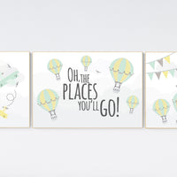 Adventure nursery decor, nursery decor airplane, adventure awaits, yellow mint nursery, travel theme, gender neutral, hot air balloon