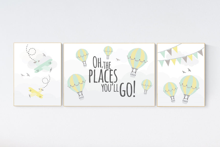 Adventure nursery decor, nursery decor airplane, adventure awaits, yellow mint nursery, travel theme, gender neutral, hot air balloon