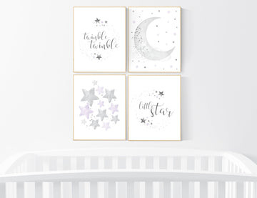 Nursery decor girl gray and lilac, nursery decor girl lavender and gray, lilac nursery, purple nursery, cloud, moon and stars, baby room