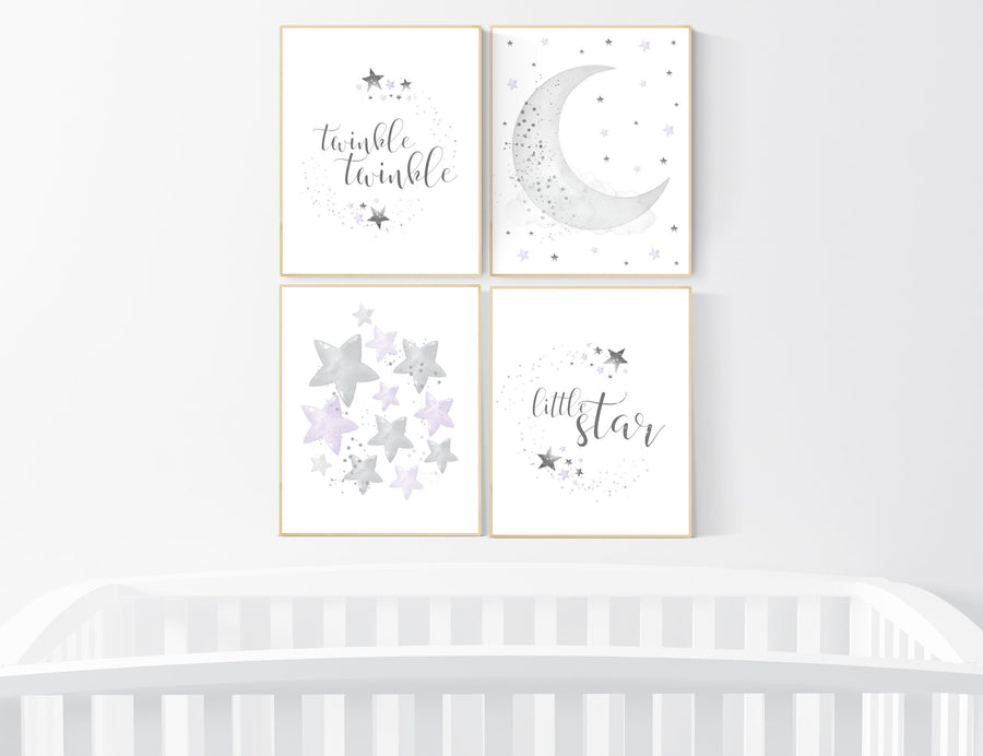 Nursery decor girl gray and lilac, nursery decor girl lavender and gray, lilac nursery, purple nursery, cloud, moon and stars, baby room