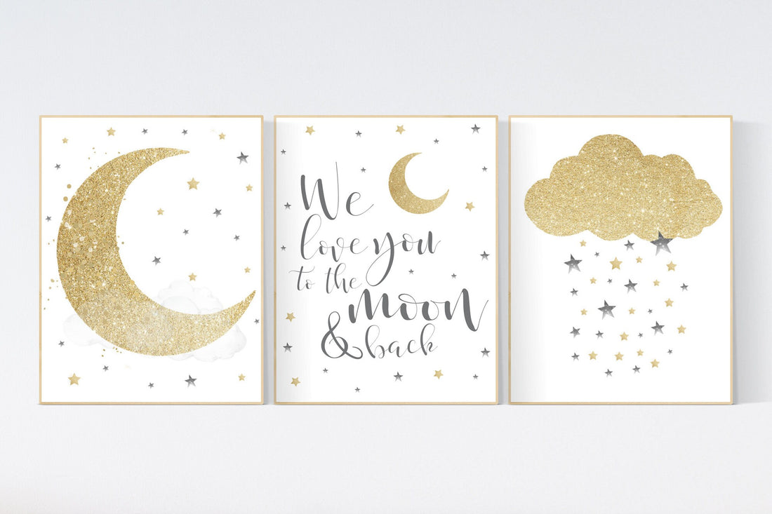 Nursery wall art grey, gray gold nursery, nursery decor neutral, baby room decor gender neutral, moon and stars, grey gold, baby room art