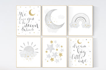 Nursery wall art grey, gray gold nursery, rainbow nursery decor, baby room decor gender neutral, moon and stars, baby room wall art,