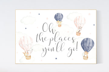 Hot air balloon nursery, Nursery decor gender neutral, blush pink and navy , blush navy blue nursery, nursery wall decor, animal nursery