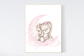 Nursery wall art bunny, pink nursery decor, Nursery decor girl flower bunny, bunny print nursery girl, rabbit nursery, rabbit print nursery