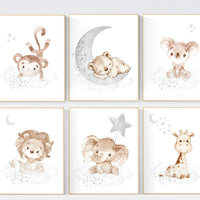 Nursery decor gender neutral, Nursery wall art animals, gray nursery, neutral, lion, bear, monkey, koala, elephant, giraffe, animal prints