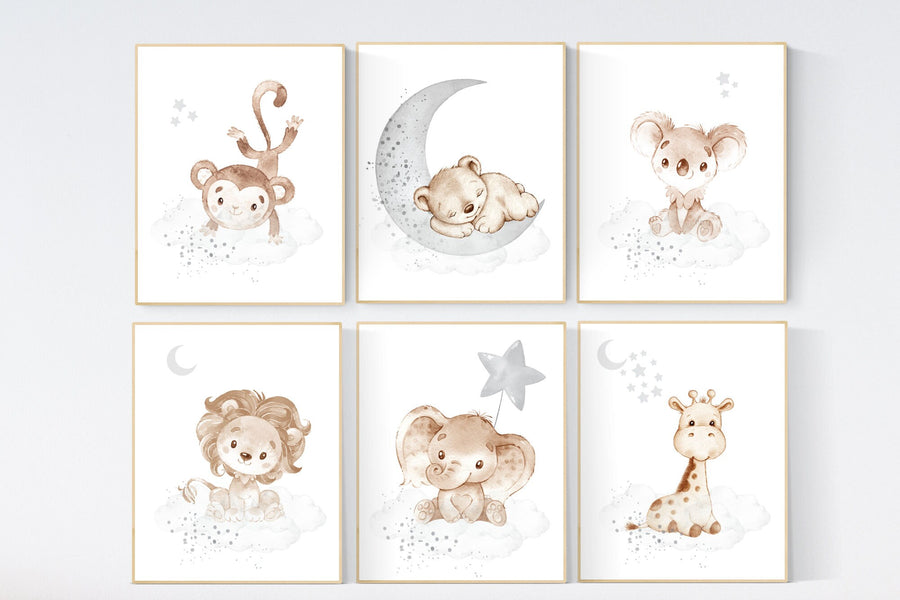 Nursery decor gender neutral, Nursery wall art animals, gray nursery, neutral, lion, bear, monkey, koala, elephant, giraffe, animal prints