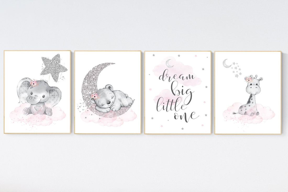 Animal prints for nursery, Nursery wall art set, pink and silver, Nursery decor girl elephant, animal nursery, bear, giraffe, animal nursery
