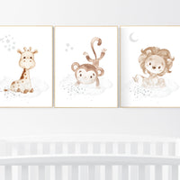 Nursery wall art animals, gray nursery, gender neutral nursery, neutral nursery, baby room decor, monkey, lion, giraffe, animal prints