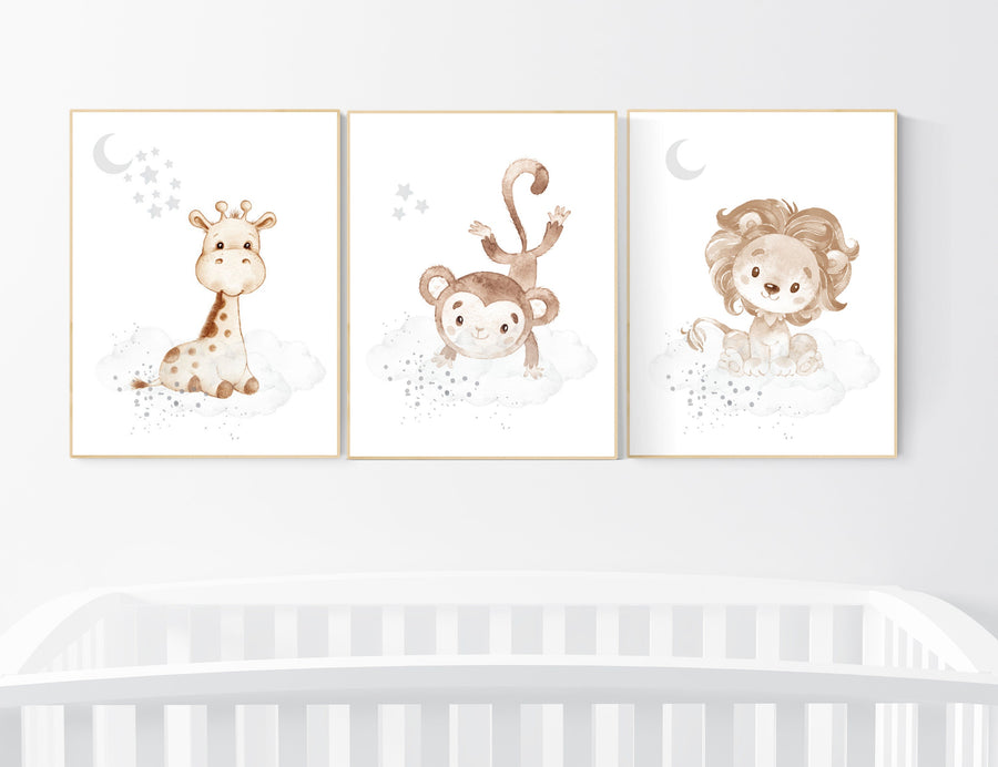 Nursery wall art animals, gray nursery, gender neutral nursery, neutral nursery, baby room decor, monkey, lion, giraffe, animal prints