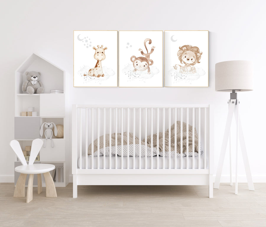 Nursery wall art animals, gray nursery, gender neutral nursery, neutral nursery, baby room decor, monkey, lion, giraffe, animal prints