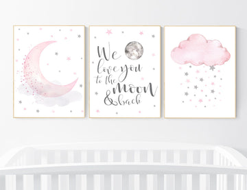 Nursery wall art girl, pink and silver nursery, cloud, stars, pink nursery art, cloud and stars, baby room decor for girls, elephant nursery