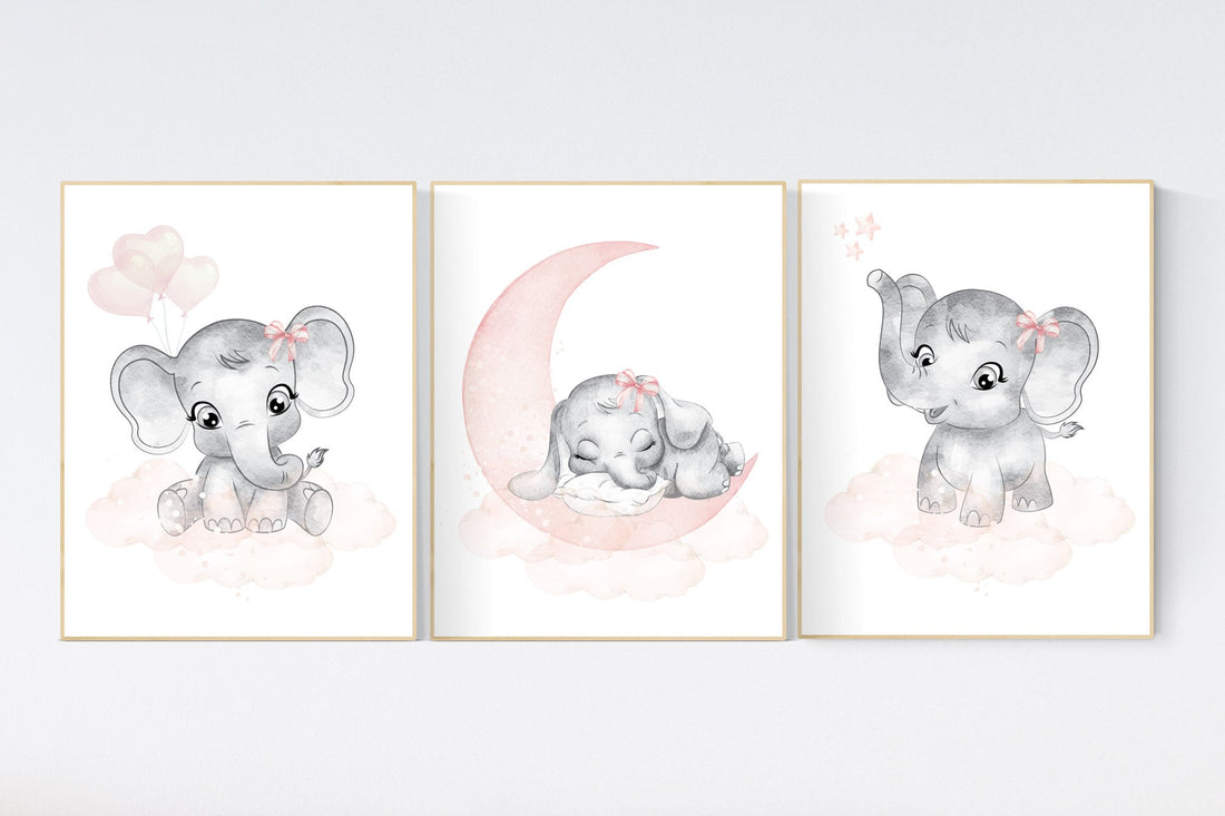 Nursery wall art girl elephant, blush pink and grey, nursery decor girl, blush pink, moon, stars, nursery prints, baby girl nursery, animals