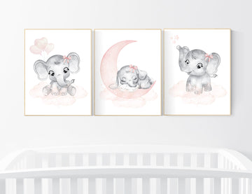 Nursery wall art girl elephant, blush pink and grey, nursery decor girl, blush pink, moon, stars, nursery prints, baby girl nursery, animals