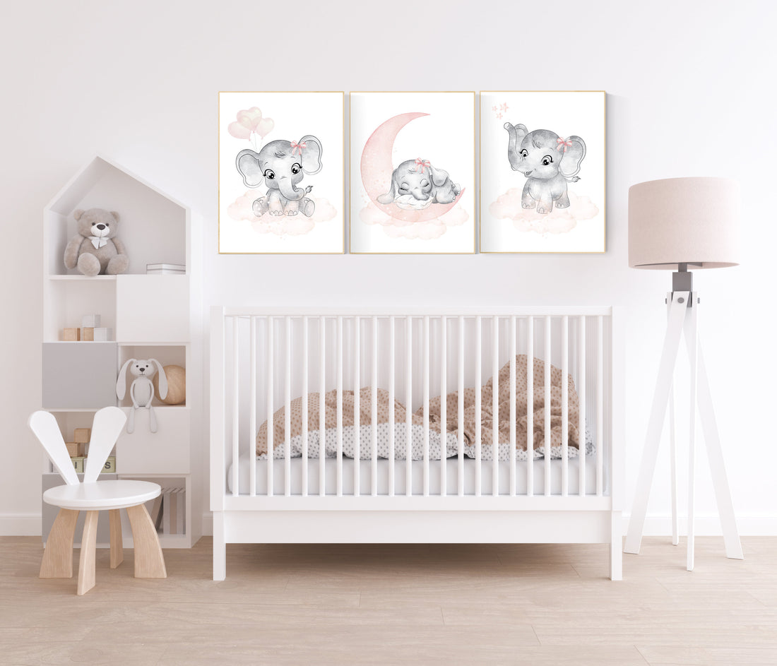 Nursery wall art girl elephant, blush pink and grey, nursery decor girl, blush pink, moon, stars, nursery prints, baby girl nursery, animals