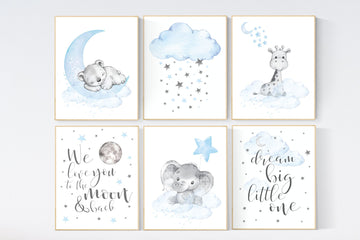 Nursery decor boy bear, giraffe, elephant, animal prints, Animal nursery wall art, bear decor for nursery, blue grey elephant, boys nursery
