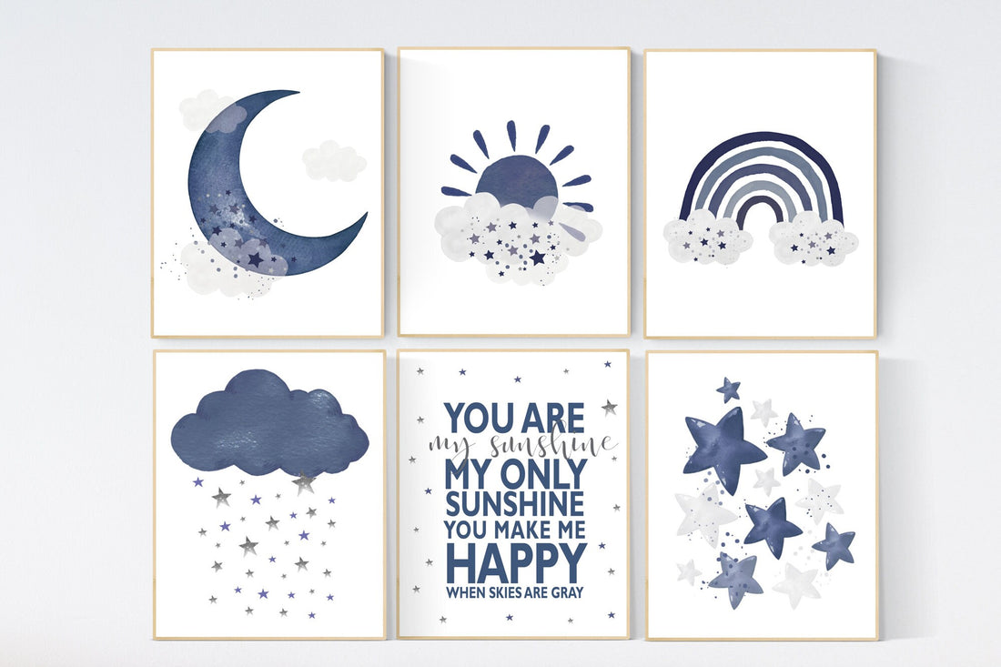 You are my sunshine, navy nursery wall art, rainbow nursery, nursery wall art boy, navy Blue, moon, stars, navy nursery, boy nursery decor