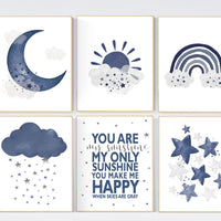 You are my sunshine, navy nursery wall art, rainbow nursery, nursery wall art boy, navy Blue, moon, stars, navy nursery, boy nursery decor