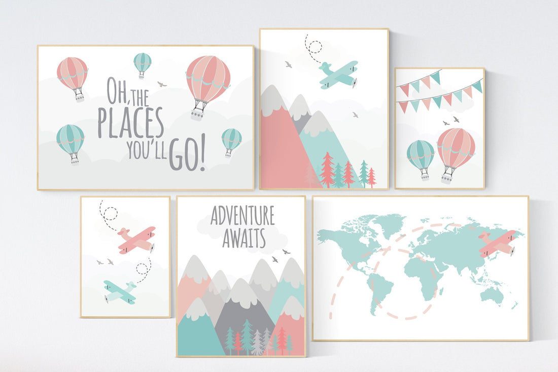 Adventure awaits nursery, Mountain nursery, coral teal, Adventure nursery, coral and teal, airplane, world map, hot air balloon, boy nursery