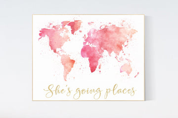 Canvas Listing: Pink gold world map watercolor, she's going places, blush pink and gold, world map print for nursery, nursery decor girl