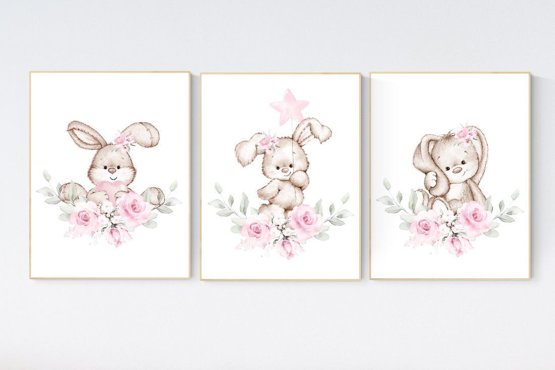 Nursery wall art bunny, pink nursery decor, Nursery decor girl flower bunny, bunny print nursery girl, rabbit nursery, rabbit print nursery