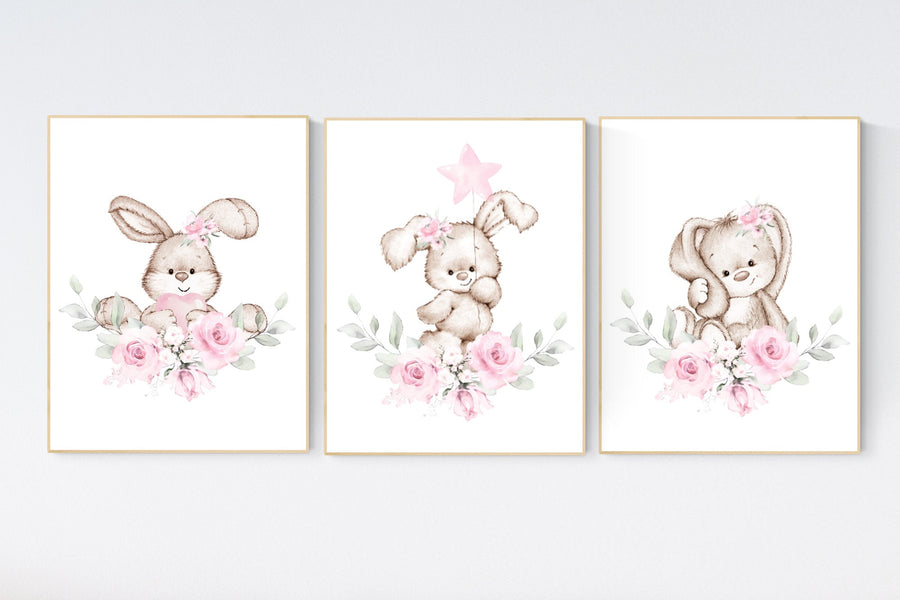 Nursery wall art bunny, pink nursery decor, Nursery decor girl flower bunny, bunny print nursery girl, rabbit nursery, rabbit print nursery