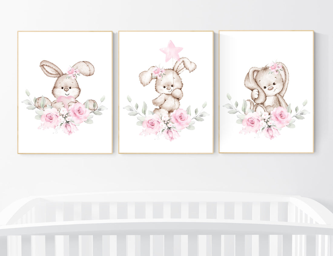 Nursery wall art bunny, pink nursery decor, Nursery decor girl flower bunny, bunny print nursery girl, rabbit nursery, rabbit print nursery