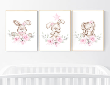 Nursery wall art bunny, pink nursery decor, Nursery decor girl flower bunny, bunny print nursery girl, rabbit nursery, rabbit print nursery