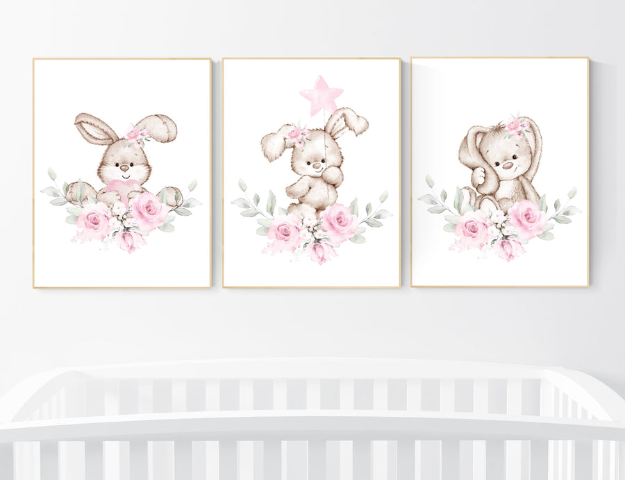 Nursery wall art bunny, pink nursery decor, Nursery decor girl flower bunny, bunny print nursery girl, rabbit nursery, rabbit print nursery